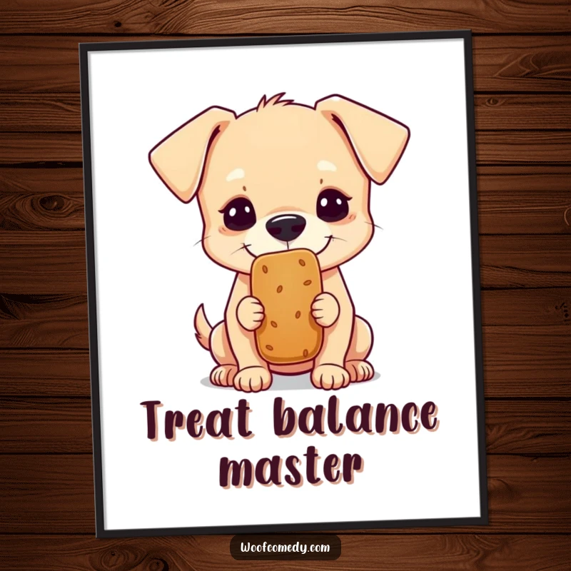 Funny poster depicting a small dog with intense focus balancing a treat on its nose, humorous wall art gift.