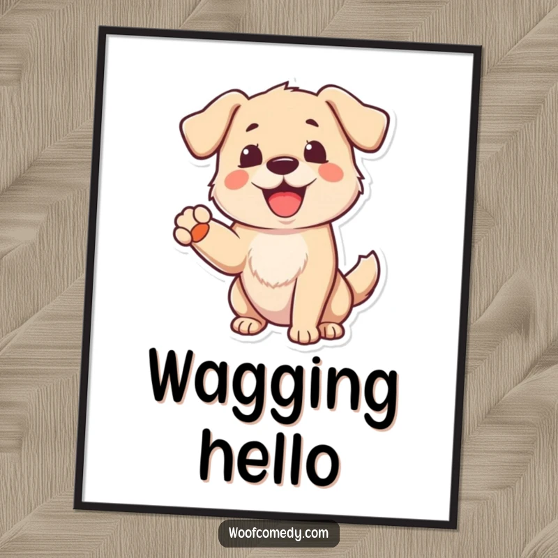 Funny Dog Poster: A cheerful dog barking with one paw raised in a friendly greeting, perfect for joyful wall art.