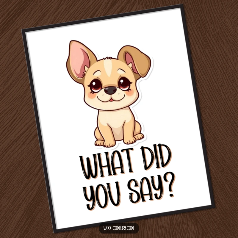 Funny floppy ear dog poster of a pup tilting its head curiously, highlighting its oversized, charming ears.