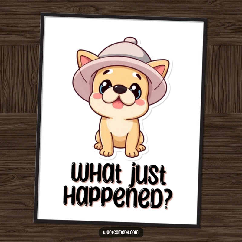 Funny surprised dog wearing an enormous hat, artistic poster print, whimsical wall art, funny gift.