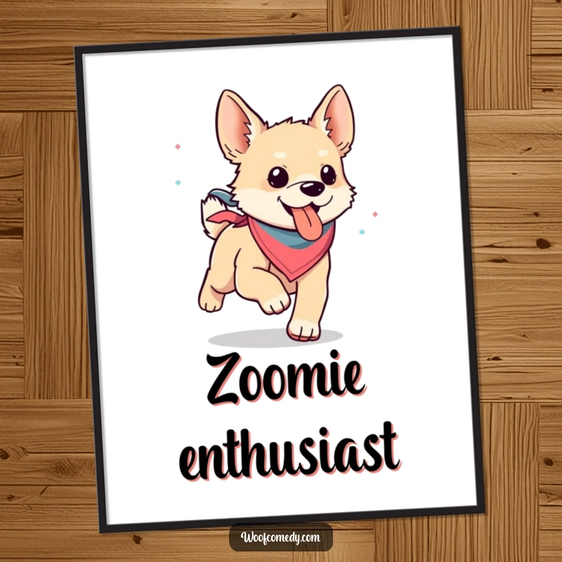 Funny kawaii dog wearing a bandana, happily running with its tongue out, creating a cute and humorous poster.
