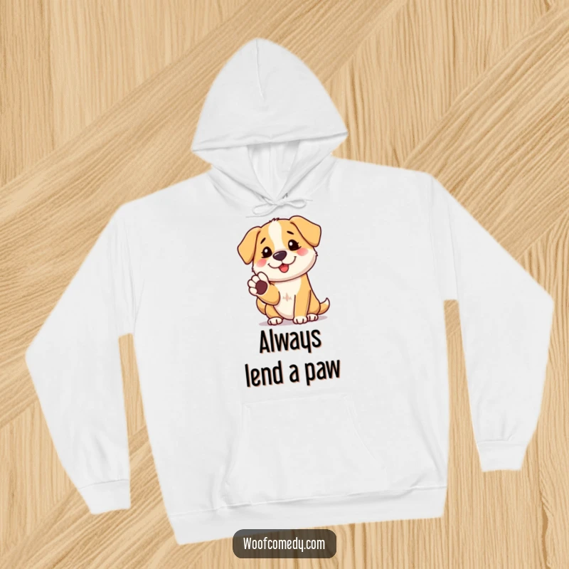 Funny hoodie with a friendly dog offering its paw for a shake, cozy and humorous gift.