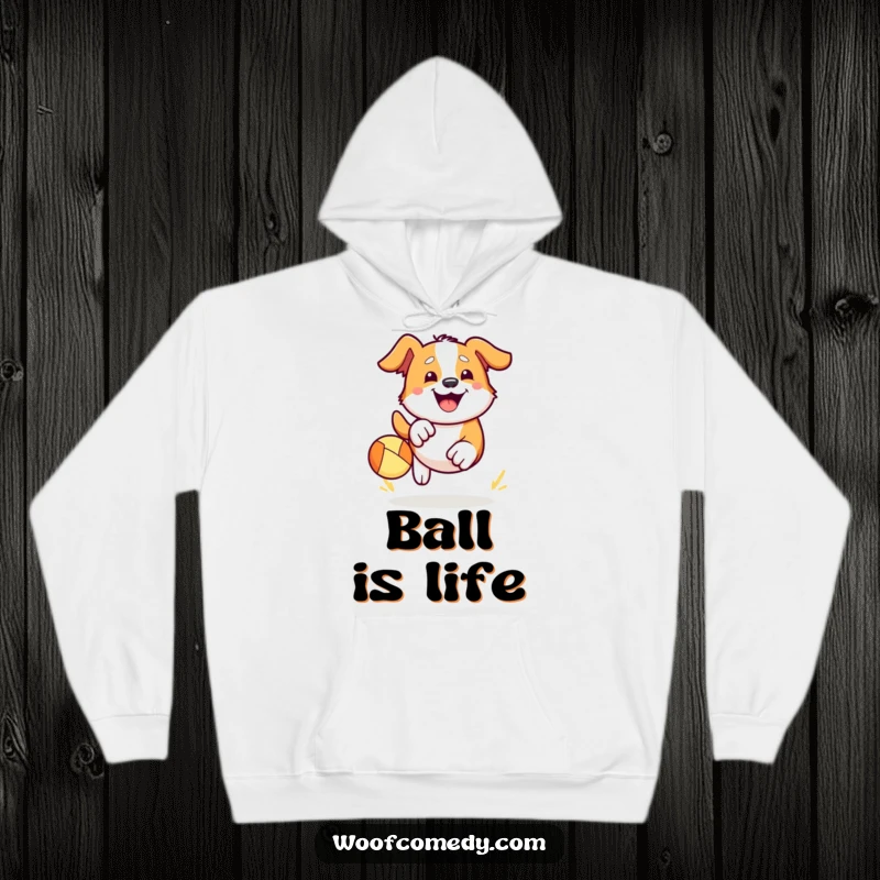 Funny Kawaii dog hoodie featuring a cute dog enthusiastically chasing a bouncy ball, wearing a huge happy grin. Cozy and filled with playful spirit.