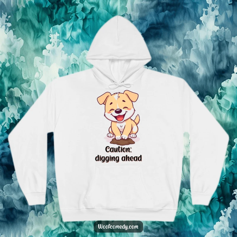 Funny hoodie with a dog joyfully digging a hole, embodying playful chaos and comfort.