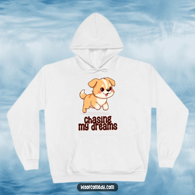 Funny Dog Hoodie: A determined dog in mid-chase, comically trying to catch its wagging tail, perfect for cozy humor.