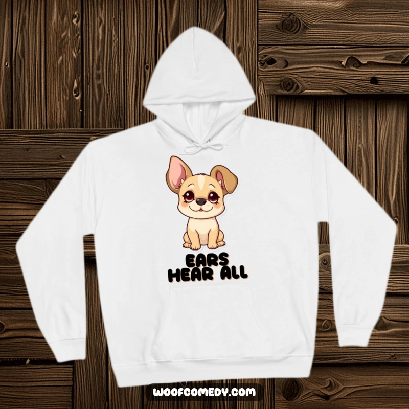 Funny floppy ear dog hoodie featuring a pup tilting its head curiously, perfect for cozy, adorable humor.