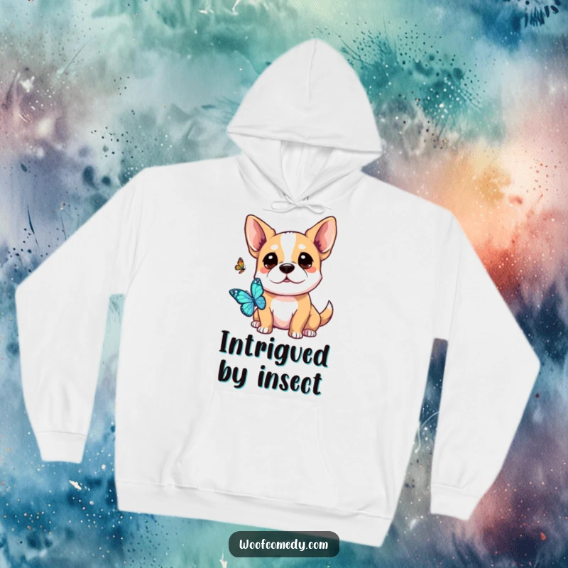 Funny Kawaii Dog Hoodie: A depiction of a kawaii dog intently watching a butterfly with perked ears and soft eyes.