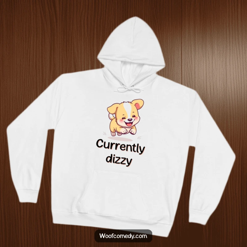 Funny hoodie with a soft, warm feel, depicting a cute dog gleefully chasing its tail in a playful frenzy.