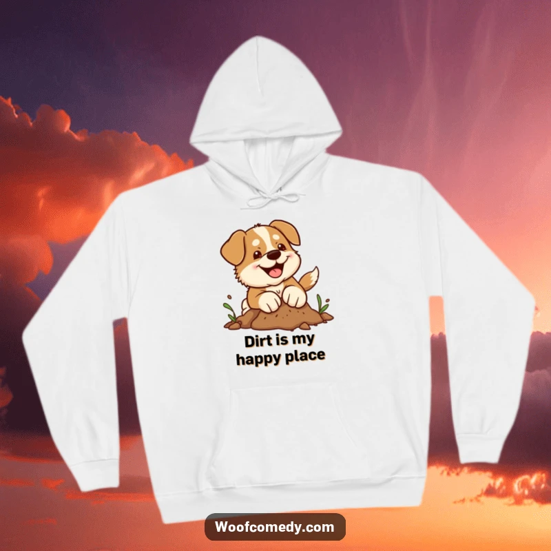 Funny kawaii dog hoodie featuring a cute pup with determined paws digging joyfully in the dirt, perfect for comfort and laughs.
