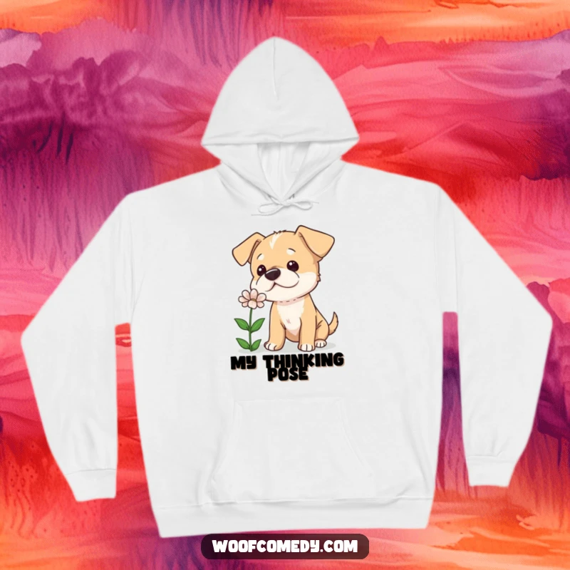 Funny hoodie depicting a curious dog tilting its head while sniffing a flower, exuding sweet inquisitiveness and gentle focus.