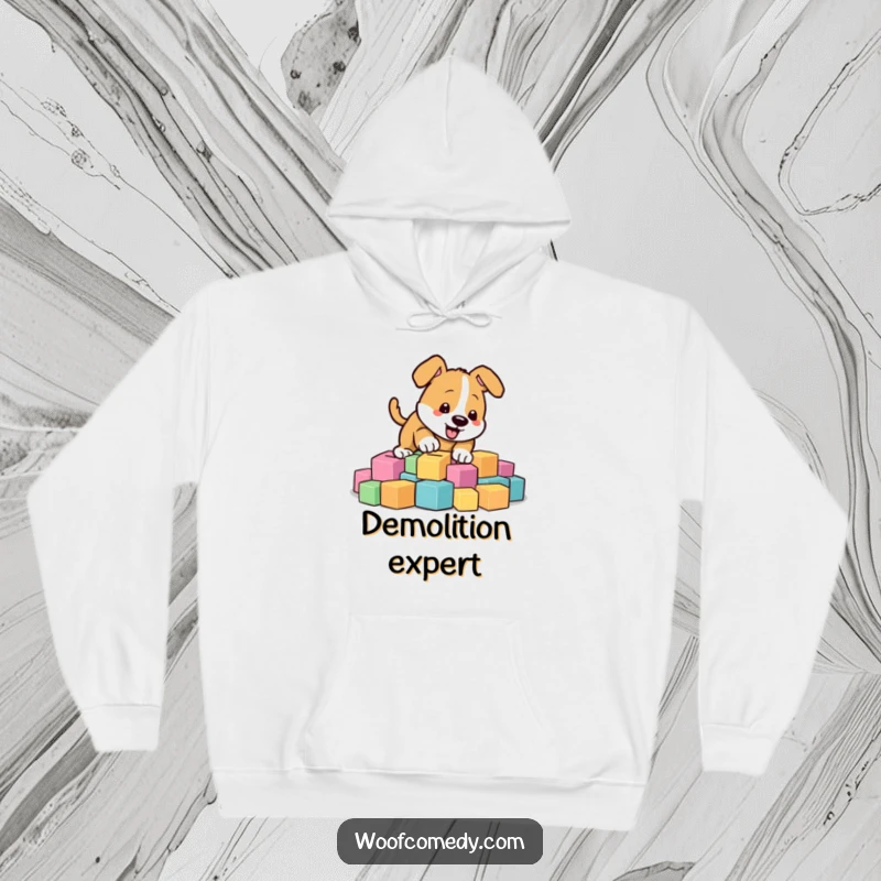 Funny energetic dog digging in colorful blocks, warm hoodie, active design, funny gift.
