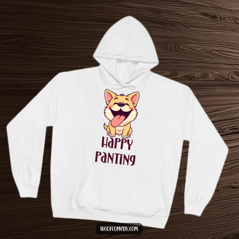 Funny dog grinning hoodie showing a happy, panting dog with its tongue out and a silly grin, offering ultimate comfort and humor.