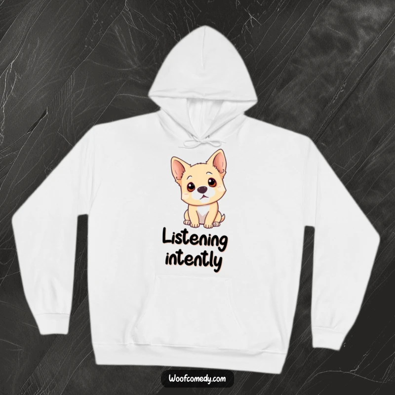 Funny dog head tilt hoodie showing a curious dog tilting its head with ears perked, offering ultimate comfort and humor.