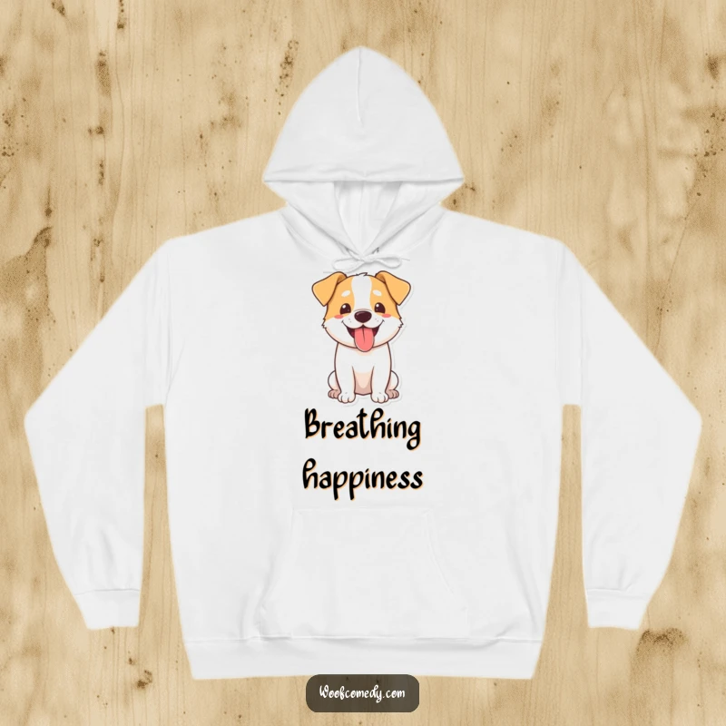 Funny dog hoodie featuring a happy dog with its tongue out, panting with pure, infectious happiness.
