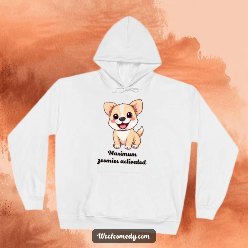 Funny hoodie featuring a dog with a wagging tail and alert ears, symbolizing excitement and comfort.