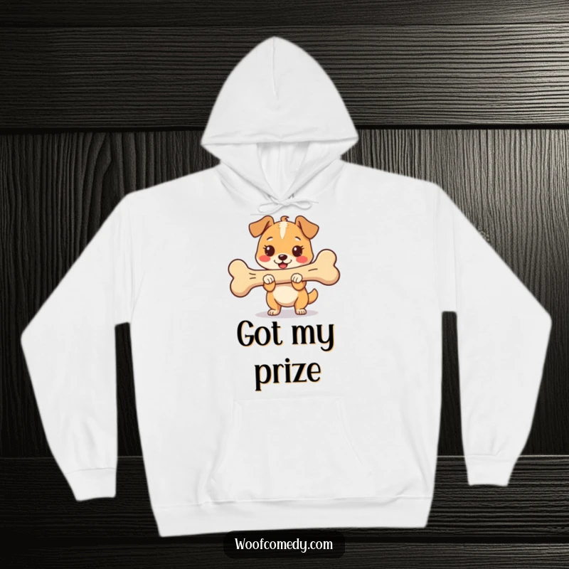 Funny Kawaii Dog Hoodie with a proud and happy dog holding an oversized bone, offering cozy comfort and canine love, a great gift.