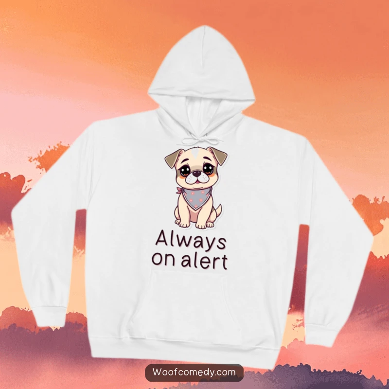 Funny kawaii dog hoodie featuring a curious and alert pup wearing a tiny bandana, offering warmth and humor.