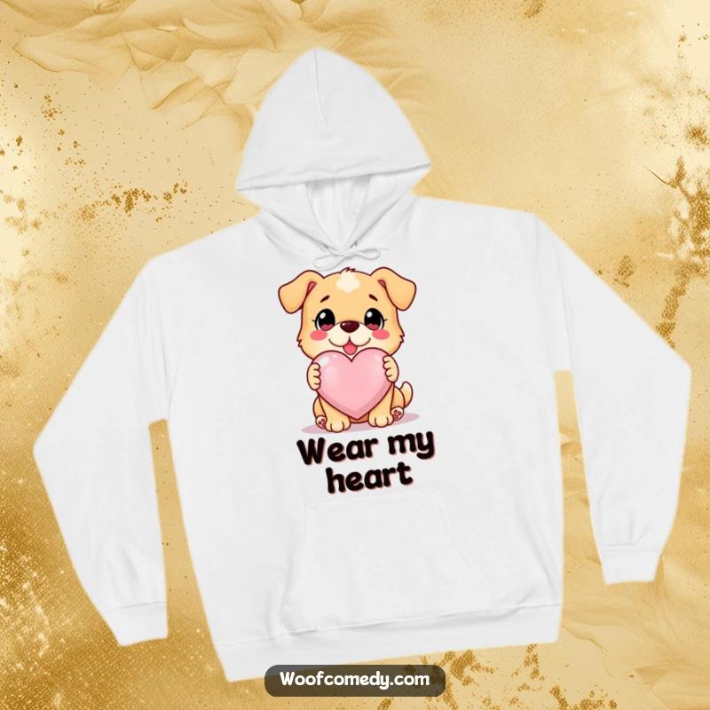 Funny loyal dog offering a glowing heart, cozy hoodie, symbol of love, funny gift.