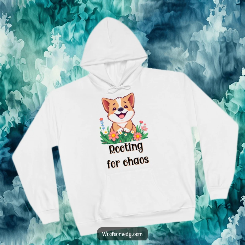 Funny hoodie showcasing a smiling dog excitedly digging in a colorful flower bed, offering warmth and garden-themed humor.