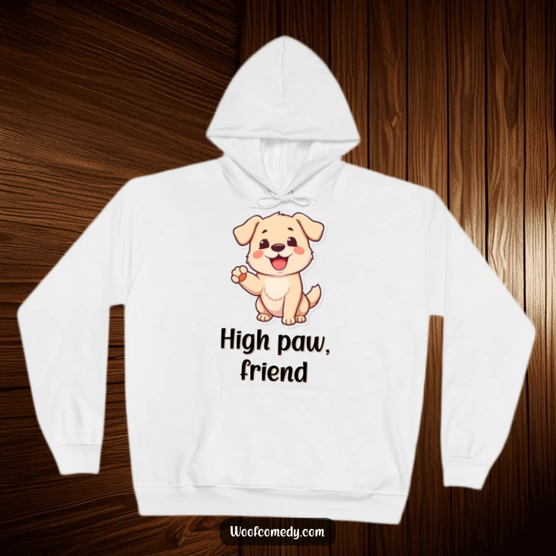 Funny Dog Hoodie: A cheerful dog barking with one paw raised in a welcoming gesture, embodying warmth and friendly humor.