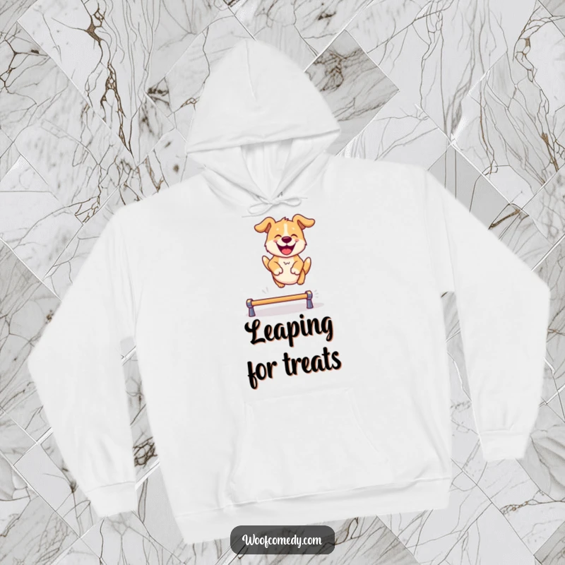 Funny hoodie with a dog in a dynamic leap over a barrier, radiating happiness and playful energy.
