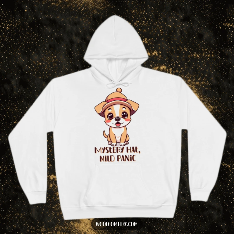 Funny Kawaii Dog Hoodie: A surprised puppy sporting a ridiculously funny hat, radiating cozy vibes and humorous charm.