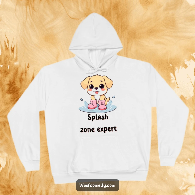 Funny kawaii dog in oversized boots splashing in a puddle, soft and cozy hoodie design for maximum comfort and cheer.