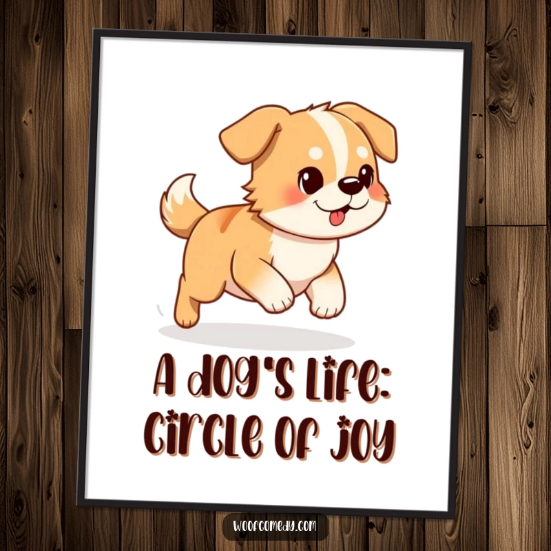 Funny Free Printable Wall Art: A dog hilariously chasing its own tail in a perpetual loop, perfect DIY decor.