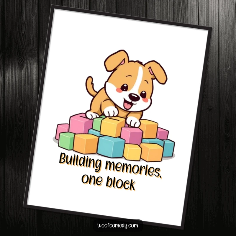 Funny Free Printable wall art: An energetic dog enthusiastically digging through a pile of colorful children's blocks.