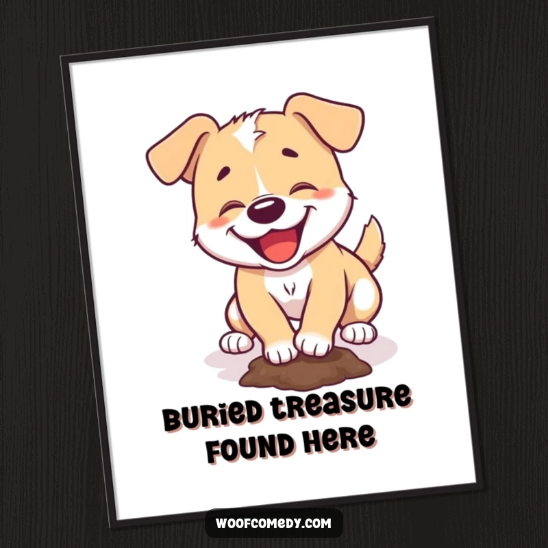 Funny Free Printable Wall Art: Mischievous dog gleefully digging a small hole, a humorous downloadable art piece.