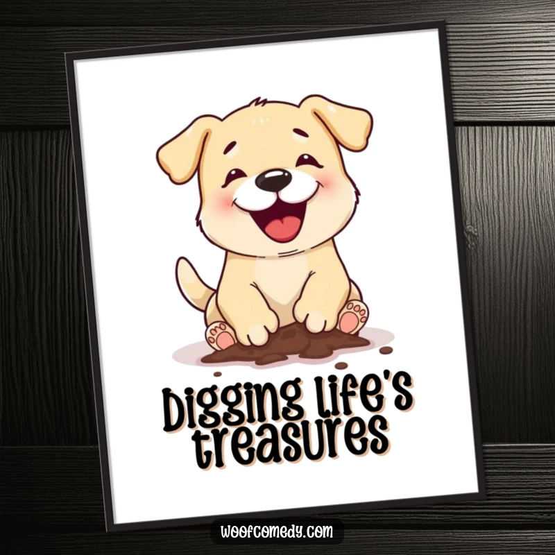 Funny Free Printable Wall Art: A dog energetically digging a hole, mud splattering, embodying pure, uninhibited playfulness.