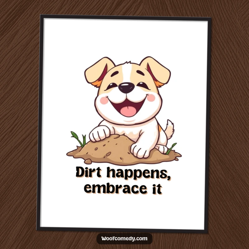 Funny Free Printable Wall Art: A dog with a wide, joyful smile digging enthusiastically in the dirt.