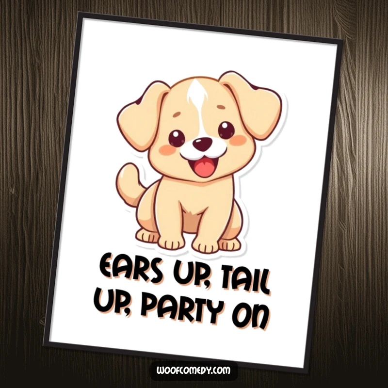 Funny free printable wall art of a kawaii dog with floppy ears, wagging its tail exuberantly, full of boundless joy.