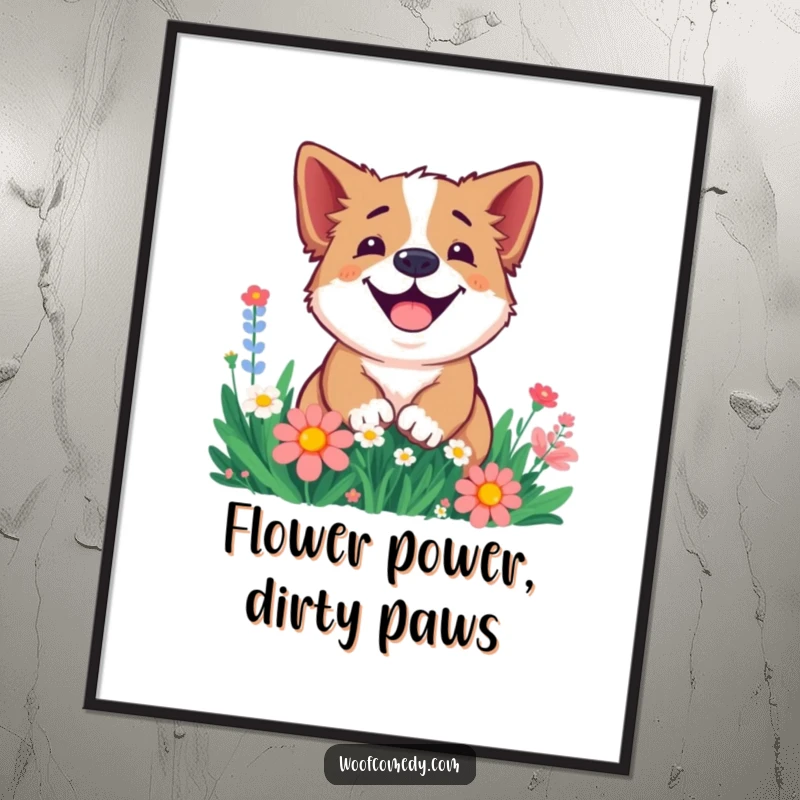 Funny free printable wall art of a smiling dog happily digging its way through a patch of colorful flowers.