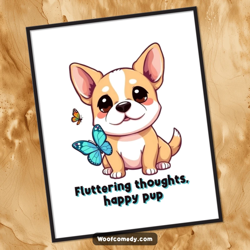 Funny Free Printable Wall Art: A kawaii dog showcasing attentive curiosity, with ears perked, looking gently at a delicate butterfly.