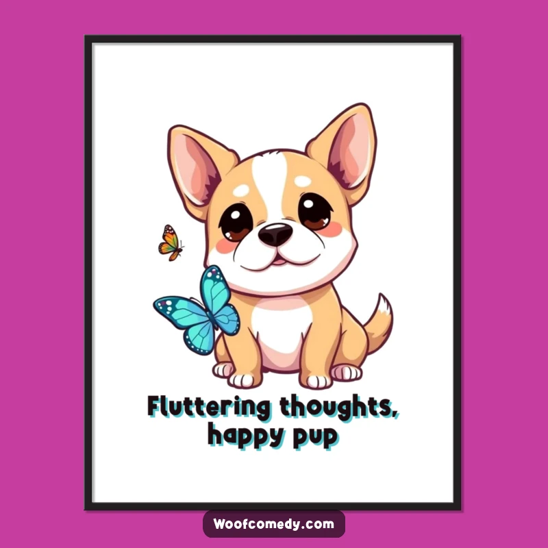 Funny Free Printable Wall Art: Curious Kawaii Dog & Butterfly - Whimsical Downloadable Decor