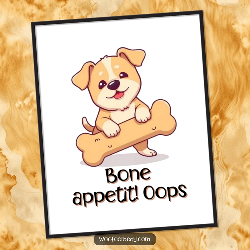 Funny Free Printable Clumsy Dog Wall Art: Dog tripping over a large bone, adding playful humor to your decor.