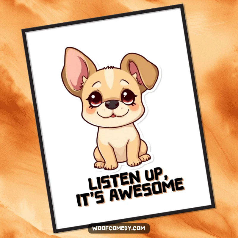 Funny Free Printable Wall Art of a dog with oversized floppy ears tilting its head curiously.