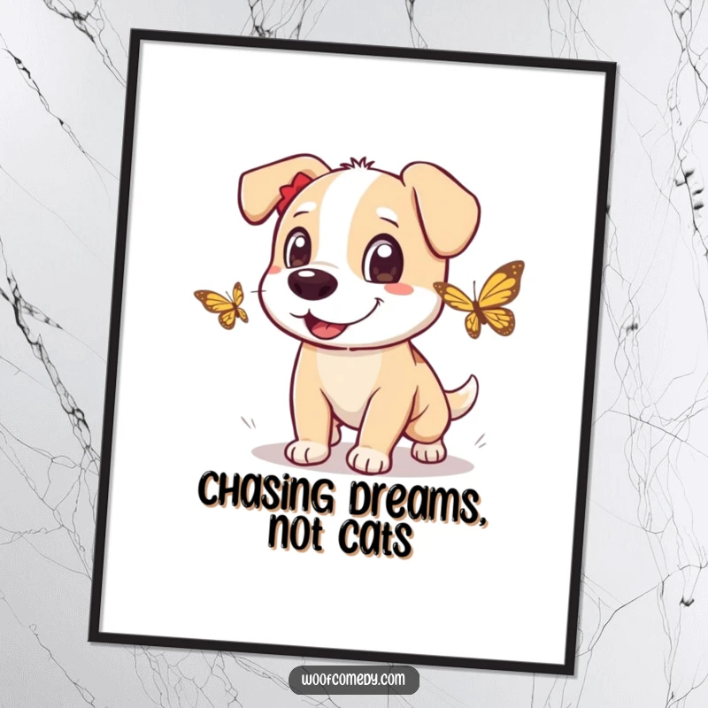 Funny Free Printable Wall Art: Dog with excited eyes joyfully chasing a fluttering butterfly.