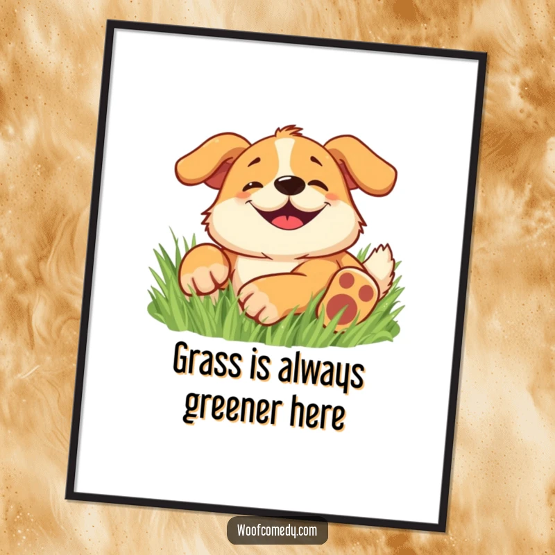 Funny Free Printable Happy Dog Wall Art: Goofy dog with a wide grin rolling happily in soft grass, cheerful decor.
