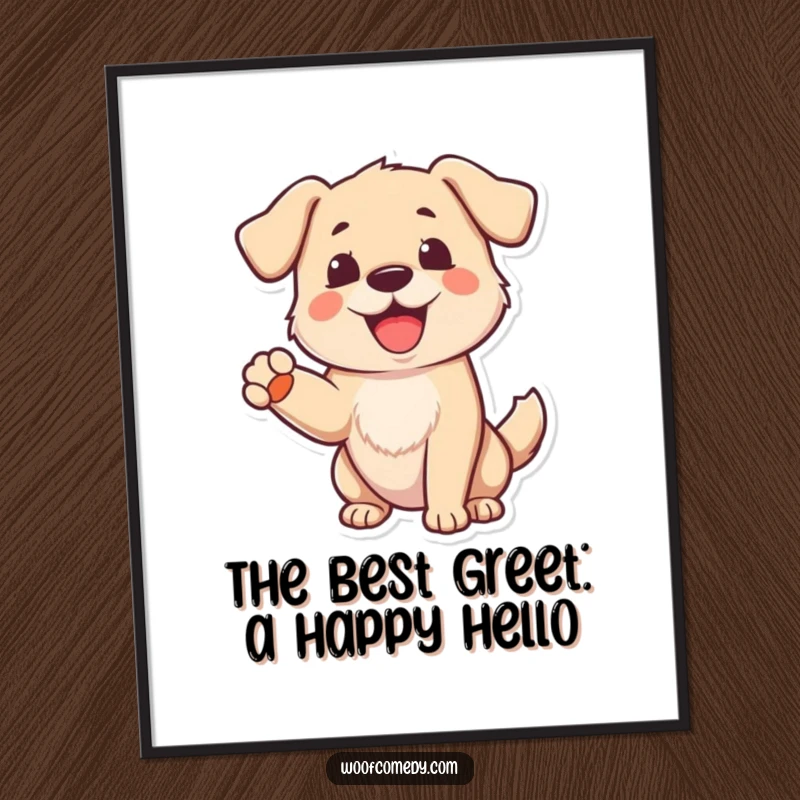 Free Printable Wall Art: A happy dog extending a paw with a cheerful bark, perfect for DIY wall decor.