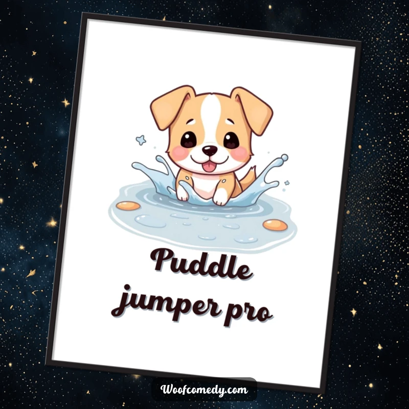 Funny Free Printable Wall Art of a kawaii dog joyfully splashing in a puddle, ears flapping, captured in a moment of pure bliss.