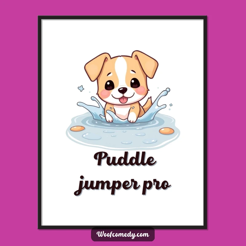 Free Printable Wall Art: Cheerful Kawaii Dog Puddle Splash, Fun Downloadable Art