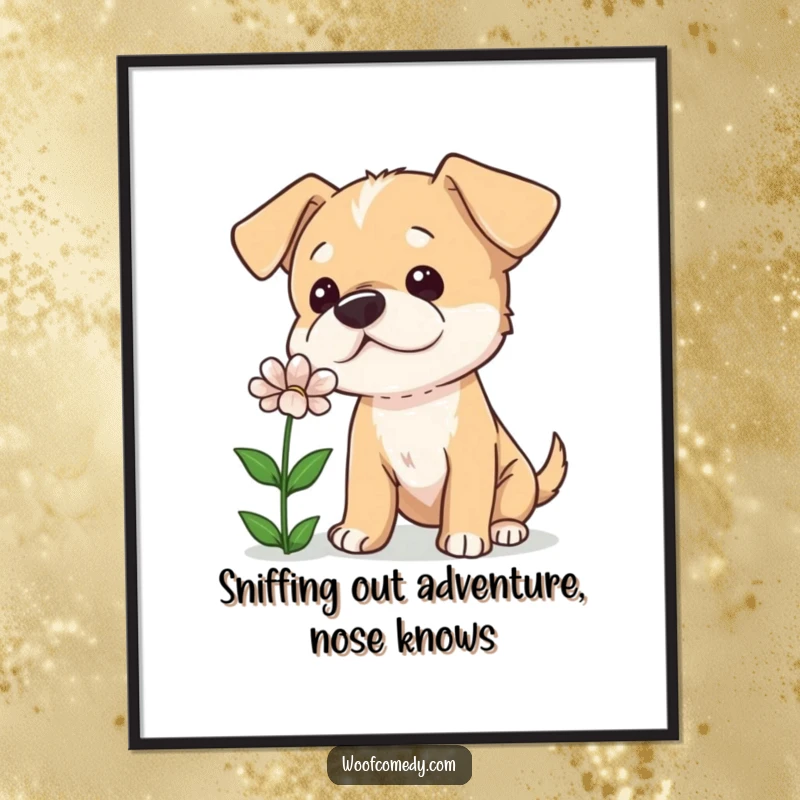 Funny Free Printable Wall Art: A curious dog tilts its head, sniffing a flower with gentle interest, a moment of canine contemplation.