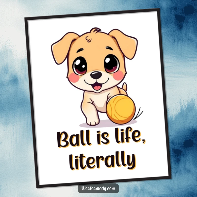 Funny Free Printable Wall Art: Cute dog wide eyes fixed on a bouncing ball, energetic downloadable art.