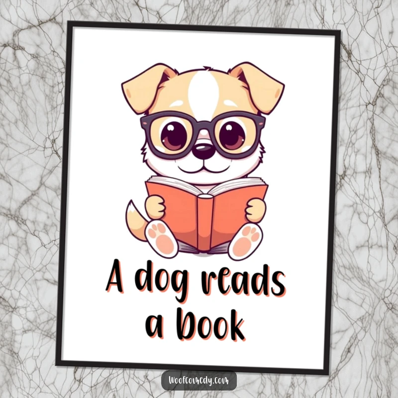 Funny Free Printable Wall Art of a kawaii dog wearing tiny glasses, deep in thought while reading a large, classic book.