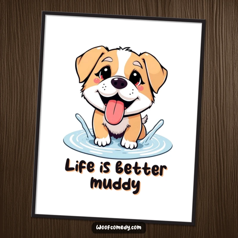Funny Free Printable wall art: A panting dog with its tongue out, gleefully splashing in a tiny puddle.