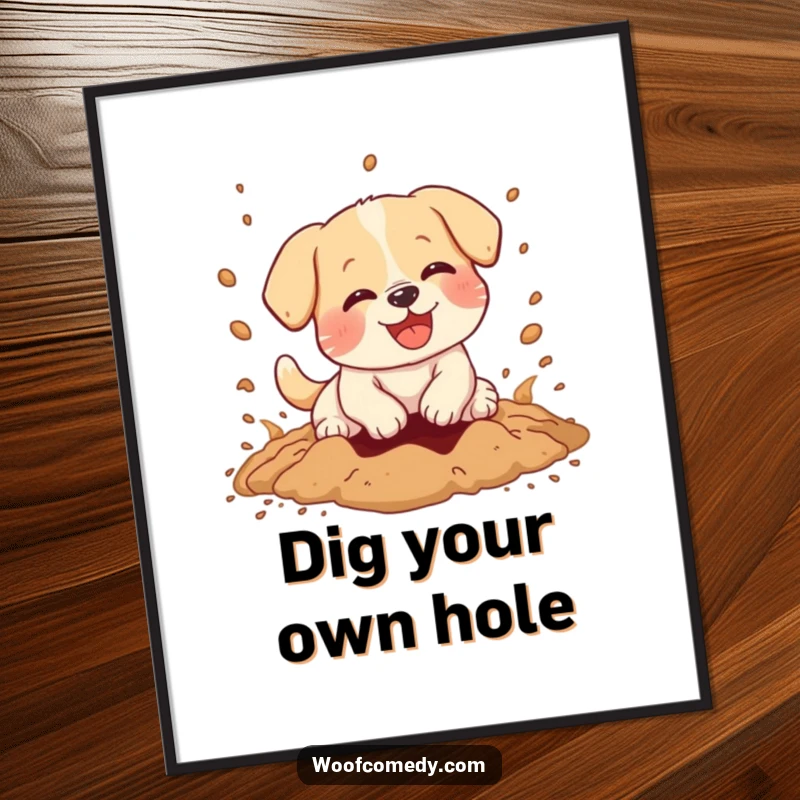 Funny Free Printable Wall Art of a kawaii dog joyfully digging a hole, dirt flying, creating a humorous and energetic scene.