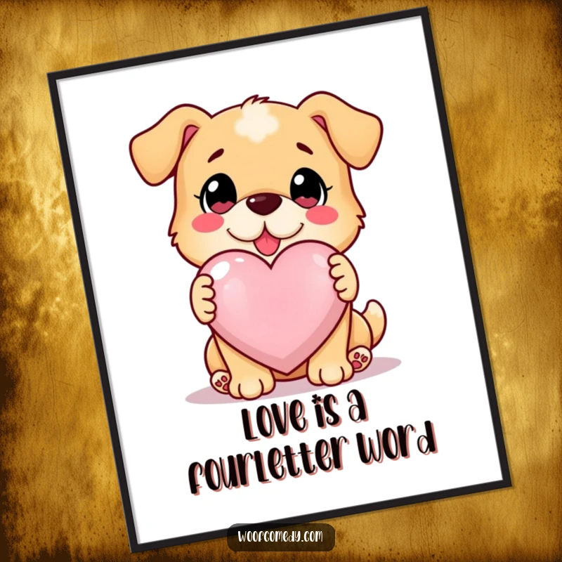 Funny Free Printable wall art: A loyal dog gazes with love while presenting a huge, radiant, glowing heart.