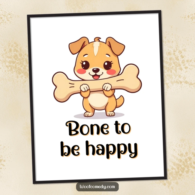 Funny Free Printable Wall Art of a proud and happy kawaii dog holding a comically oversized bone, radiating contentment and achievement.